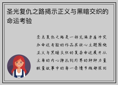 圣光复仇之路揭示正义与黑暗交织的命运考验